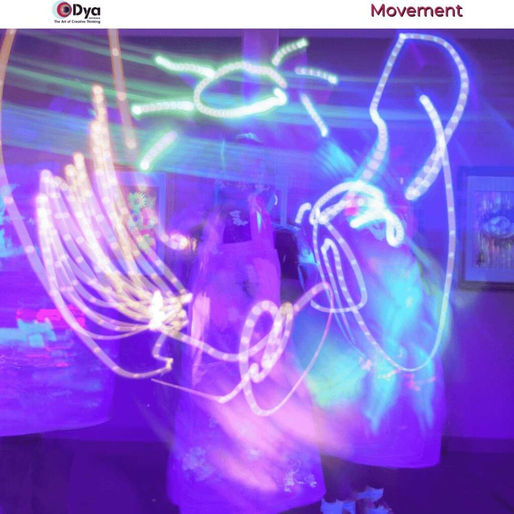 Long exposure light painting showing colourful moving light trails forming abstract patterns in the dark