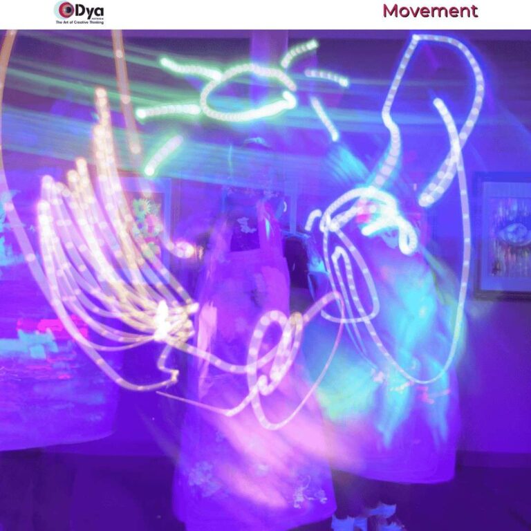 Long exposure light painting showing colourful moving light trails forming abstract patterns in the dark