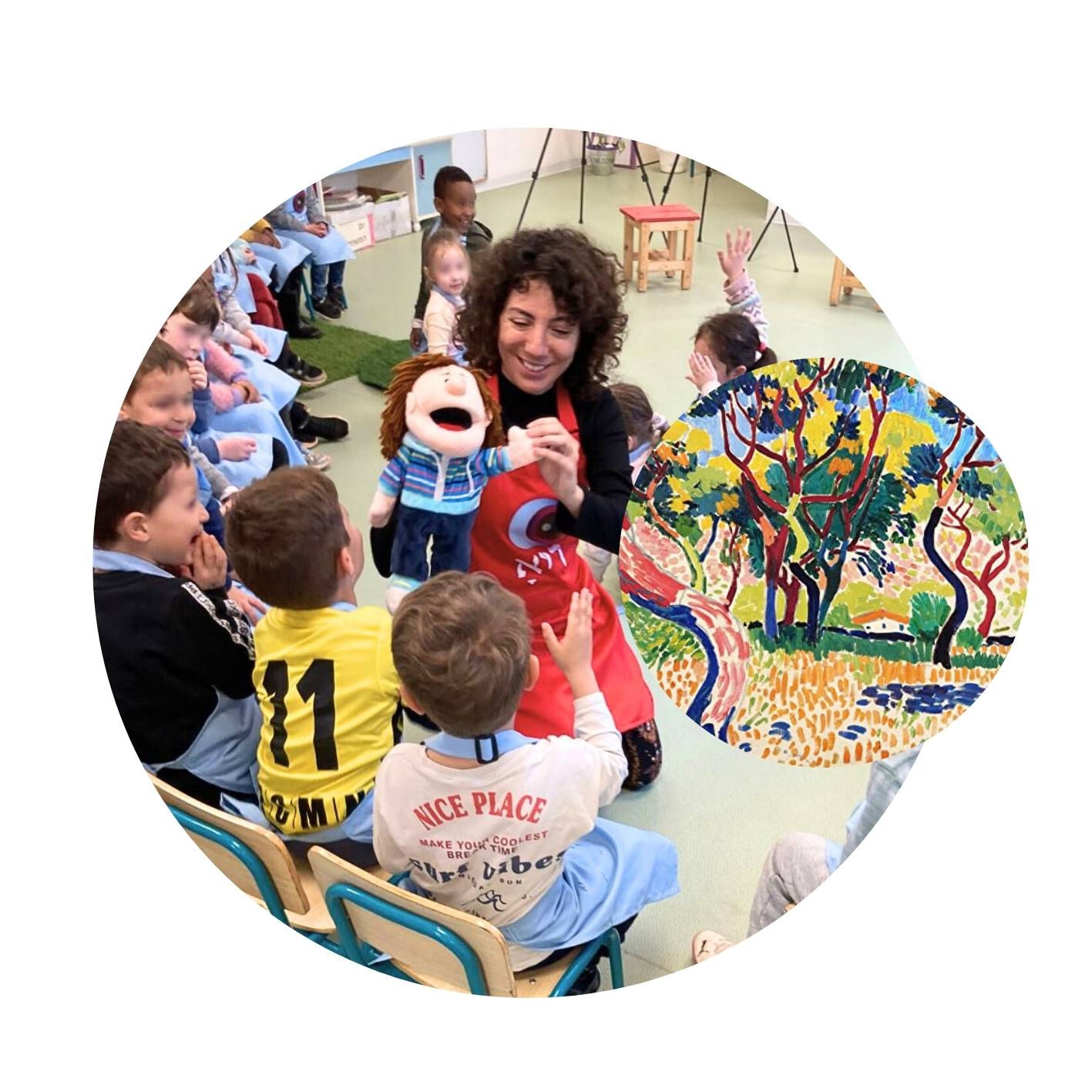 Teacher engaging students in a creative learning session during the Thinking Through Colour education program, exploring colour, storytelling, and artistic expression inspired by landscape painting.