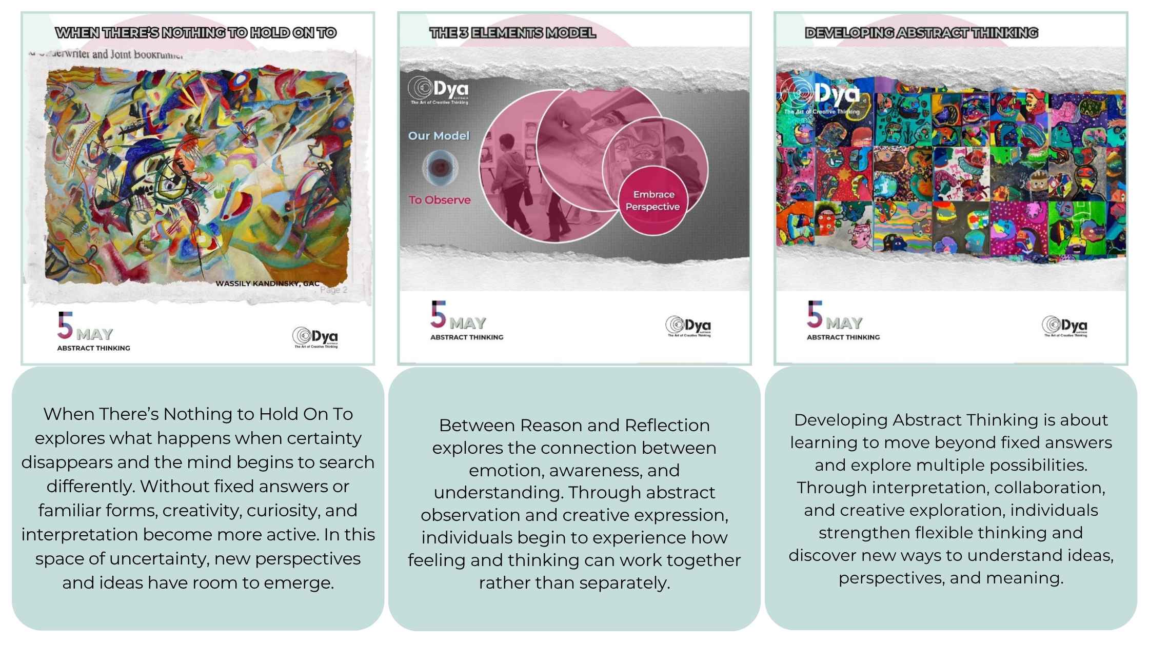Three Dya Australia abstract thinking theme graphics featuring colourful abstract artworks and creative concepts exploring uncertainty, emotional reflection, and flexible thinking through art and collaboration.