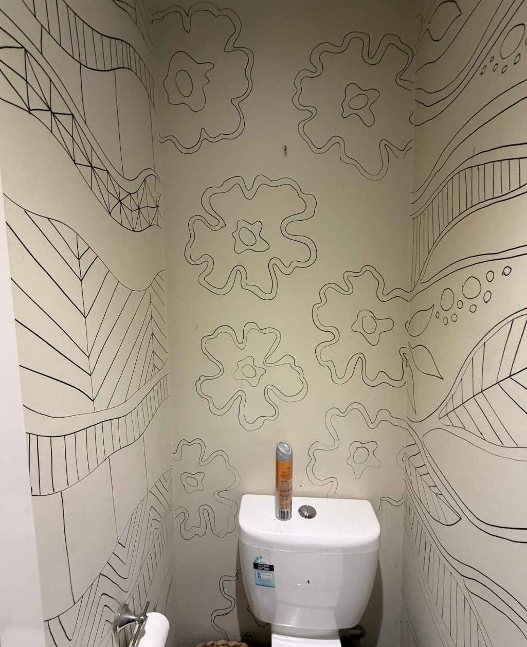 Mural outline sketched on the bathroom wall